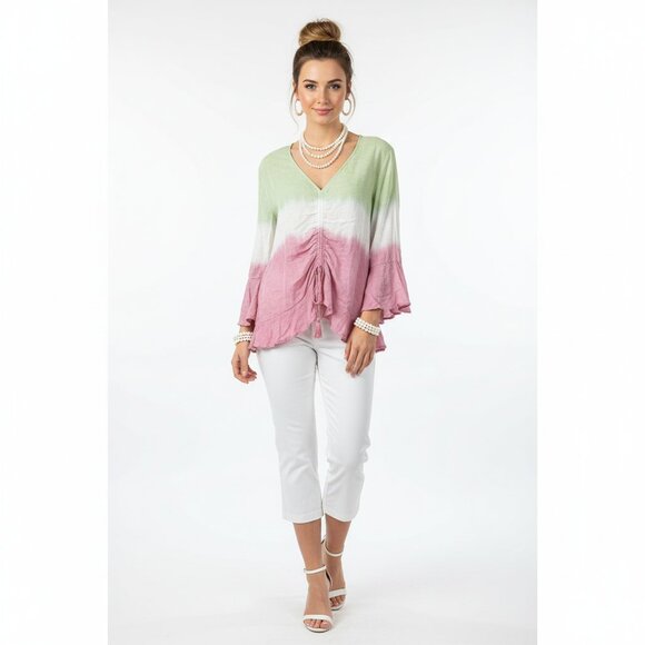 Cato Pink Green & White Ombre Striped Peasant Boho Blouse Top L - Picture 5 of 5